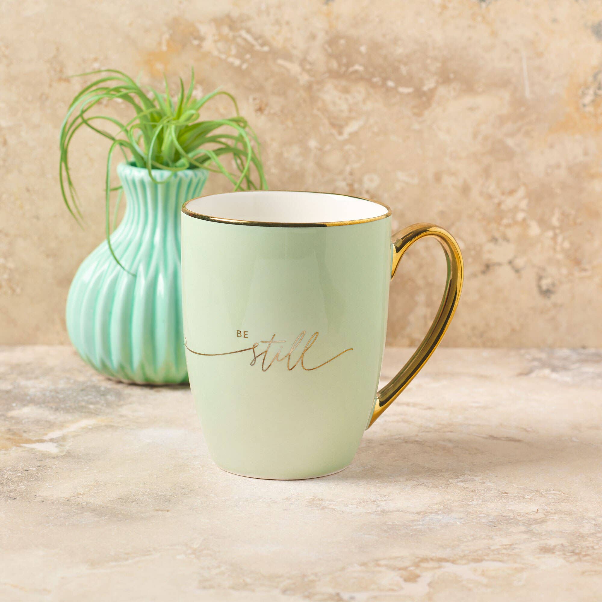 Be Still Soft Green &amp; Gold Ceramic Coffee Mug