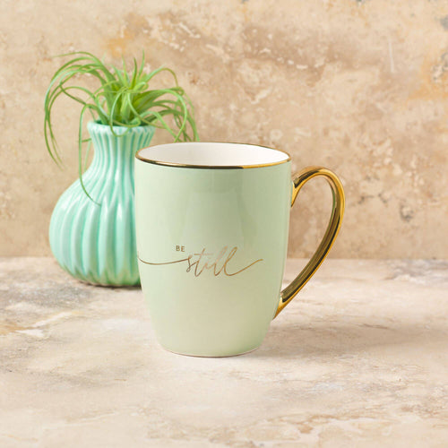 Be Still Soft Green &amp; Gold Ceramic Coffee Mug