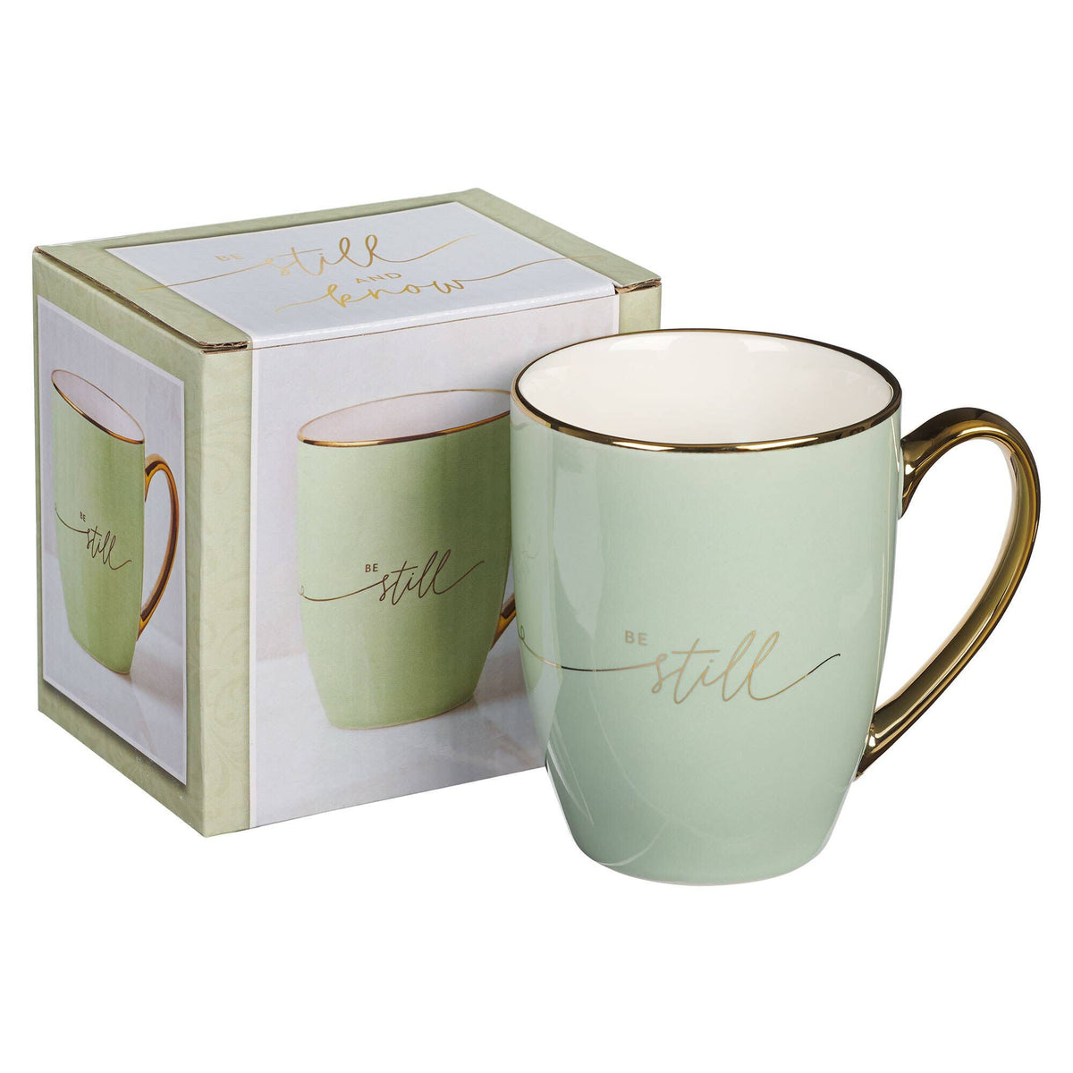 Be Still Soft Green &amp; Gold Ceramic Coffee Mug