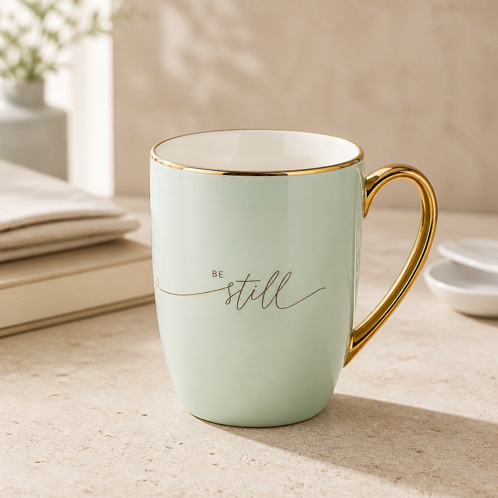 Be Still Soft Green &amp; Gold Ceramic Coffee Mug