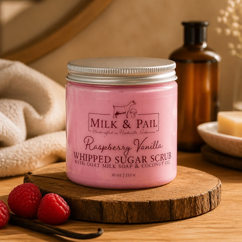"Raspberry Vanilla Whipped Sugar Scrub jar on a wooden tray with fresh raspberries and vanilla beans — The Autumn Hollow"