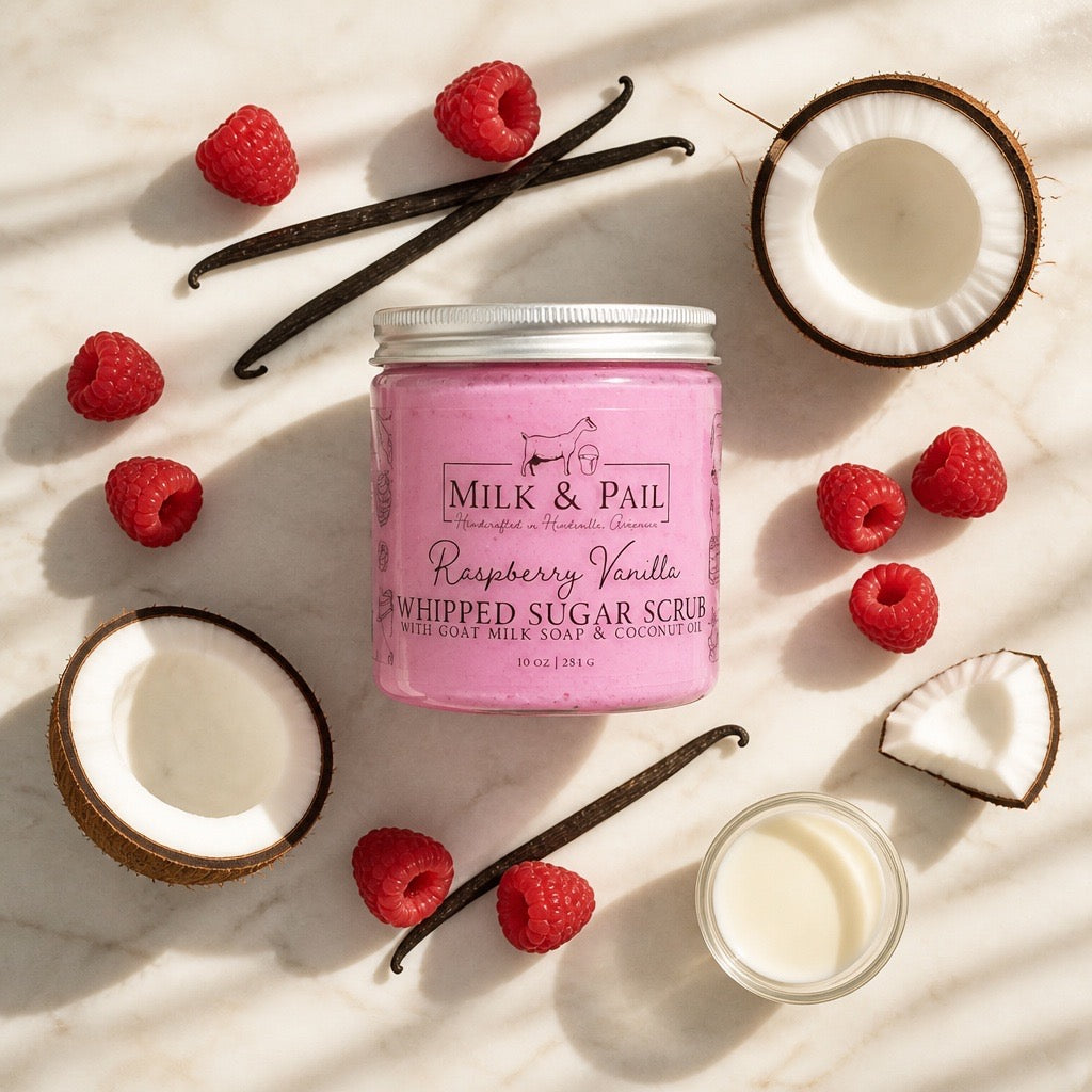 "Raspberry Vanilla Whipped Sugar Scrub with goat milk, coconut oil, raspberries, and vanilla beans flat lay — The Autumn Hollow"