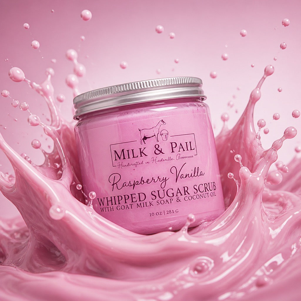  "Raspberry Vanilla Whipped Sugar Scrub 8oz jar surrounded by a creamy pink splash — The Autumn Hollow"